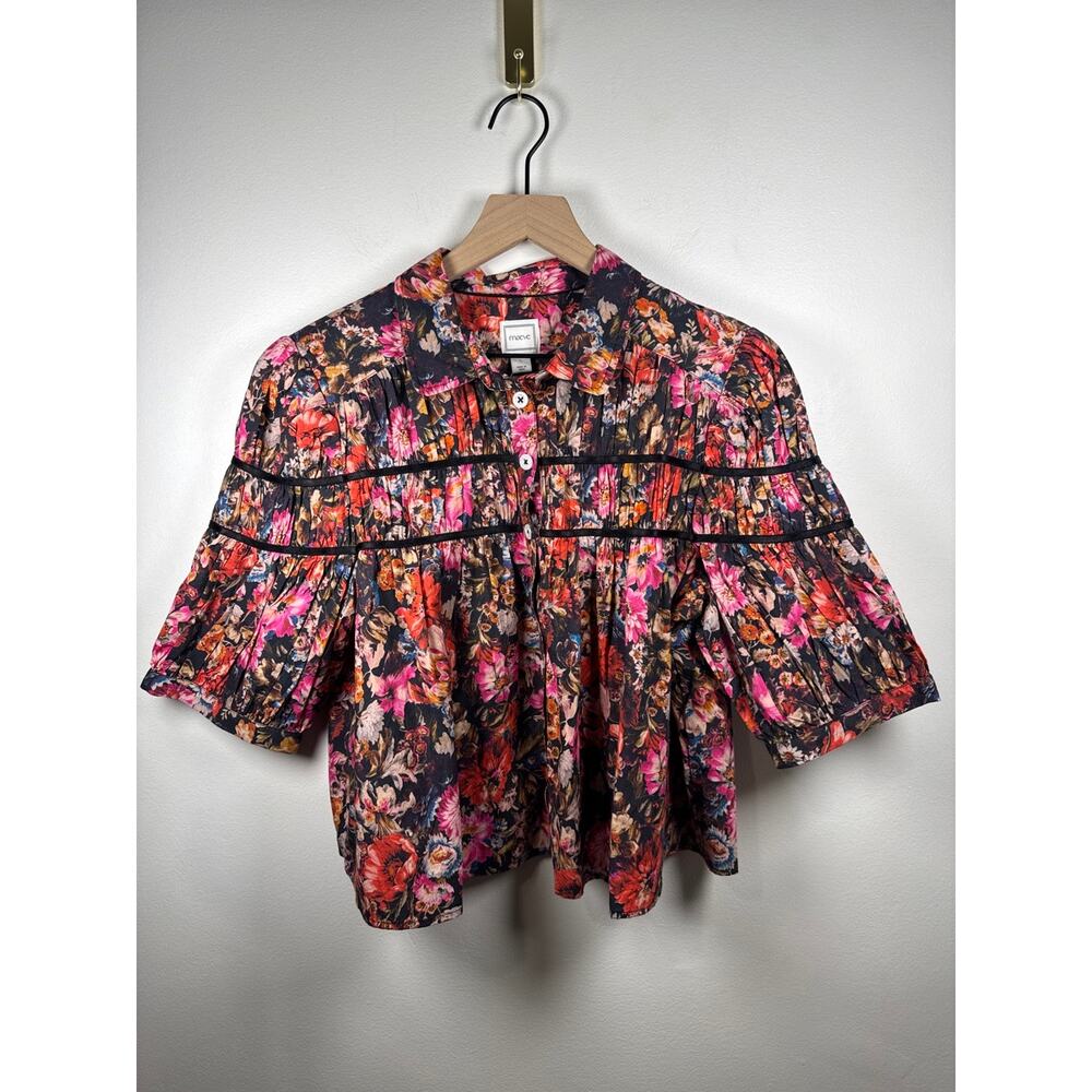 Maeve The Leandra Shirred Yoke Cotton Blouse in Black Floral Print, Size L